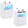 24" Fluted Nightstand with Charging Station, Wooden End Table with 2 Drawers Storage, Curved Profile Design, Modern Bedside Cabi