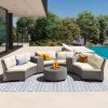 7 Piece Patio Furniture Set, Outdoor Dining Acacia Wood Table Top Rattan Conversation Set with Soft Cushions6 Chairs & 1 Table