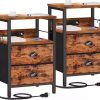 LIRY Collection - Farmhouse Nightstands with Charging Station, Set of 2 Bedside Tables, Side Tables with Drawer
