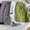Women's Fashion Solid Color Pants Pocket Button Up Capris Loose Elastic Waist Cotton Linen Shorts