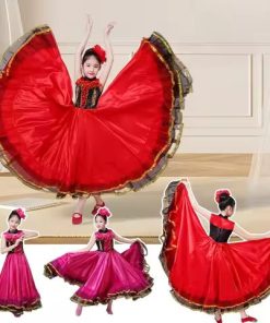 Kids Flamenco Dance Costume Gypsy Skirts 360/540/720 Degree Children 100-150CM Girl Boy Big Swing Dress Ballroom Spanish Dress