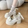 2025 New Red Bow Pearl Mary Jane Platform Lolita Heels for Women Chunky Wedding Shoes Waterproof Mid Heel Single Shoes