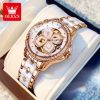 OLEVS 6612 Original Automatic Mechanical Wristwatch for Women Diamond Bezel Hollow Lucky Four Leaf Clover Elegant Ladies Watches