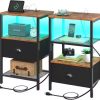 Nightstand with Charging Station, Mid Century Modern Nightstand with Wood Grain Texture, Minimalist End Table with Drawers