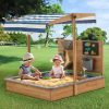 Kids Large Wooden SandBoxes Sand Pit for Beach Patio Outdoor, [Adjustable Cover & Sand Funnel & Drawing Board] - Brown Oak