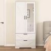 Wardrobe with LED Lights, 5-storey Bookshelf and 6 Glass Doors, 47.2-inch Wooden Display Cabinet with Hanging Pole
