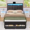 Full/Queen Bed Frame with Charging Station and LED Lights,USB Charging Station Headboard Upholstered Queen Size Metal bedstead