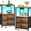 Rattan Nightstands Set of 2 with Charging Station and Led Lights, End Tables with 2 Drawers and Wood Legs
