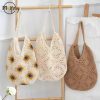 Women Stylish Knit Shoulder Bag Large Capacity Hollowed-Out Braid Bag Wear Resist Crochet Shoulder Bag Summer Beach Travel Bag