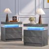 Nightstand Set of 2 with Charger Station u2014 USB Ports & Outlet, Bed Side Table with LED Lights, End Table with Fabric Drawer