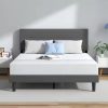Bed Frame with Iron Piece Decor, Faux Leather Upholstered Platform Bed with Adjustable Headboard & Strong Wooden Slats Bed Frame