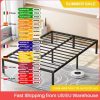 Full-size metal platform bed frame, wooden headboard and footboard, mattress base, and storage space under the bed