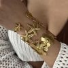 Vintage Exaggerated Wide Cuff Bangle for Women Gold Color Shell Starfish Flower Stainless Steel Bracelet Beach Party Jewelry
